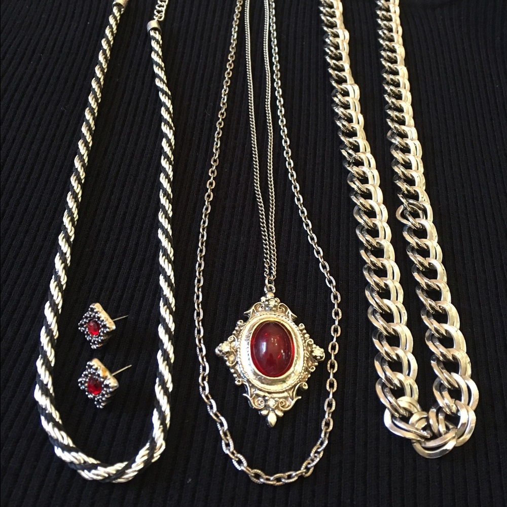 Silver tone Necklace set with Earrings Red & Black